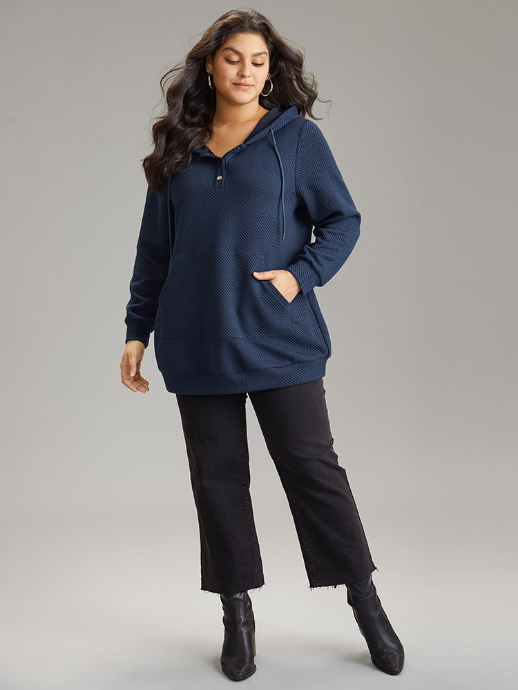 Plus Size Solid Textured Button Up Pocket Hooded Drawstring Sweatshirt Women Indigo Casual Texture Hooded Dailywear Sweatshirts BloomChic 12/L 