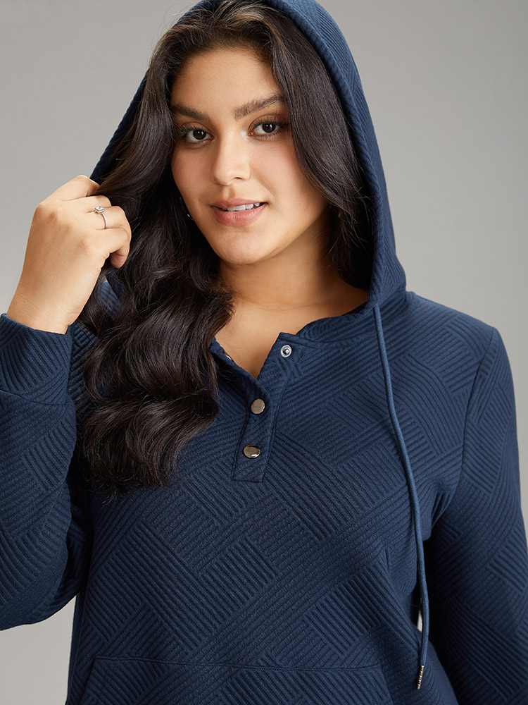 Plus Size Solid Textured Button Up Pocket Hooded Drawstring Sweatshirt Women Indigo Casual Texture Hooded Dailywear Sweatshirts BloomChic 12/L 