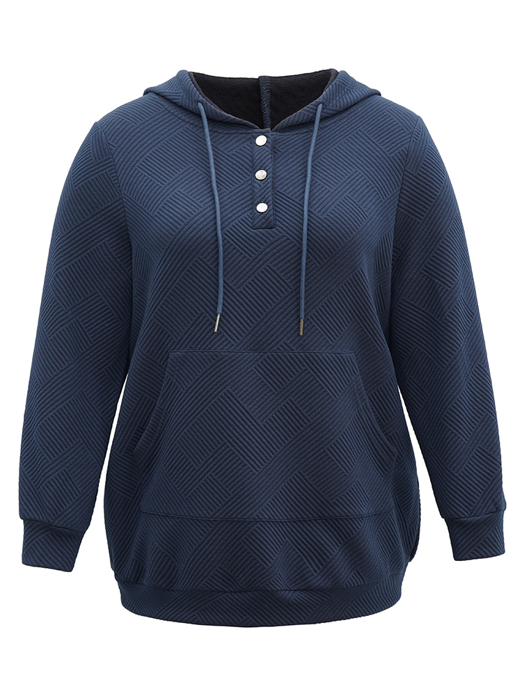 Plus Size Solid Textured Button Up Pocket Hooded Drawstring Sweatshirt Women Indigo Casual Texture Hooded Dailywear Sweatshirts BloomChic 12/L 