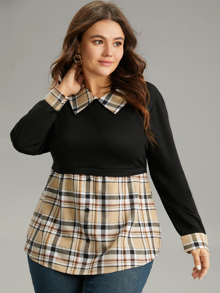 

Plus Size Plaid Patchwork Button Detail Lapel Collar T-shirt Black Lapel Collar Long Sleeve Casual Jersey Tops