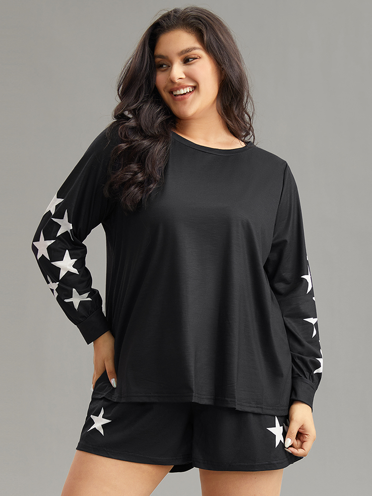 

Plus Size Star Print Long Sleeve Basic Sleep Top Black Moon and Star Long Sleeve Round Neck Dailywear Casual  Bloomchic