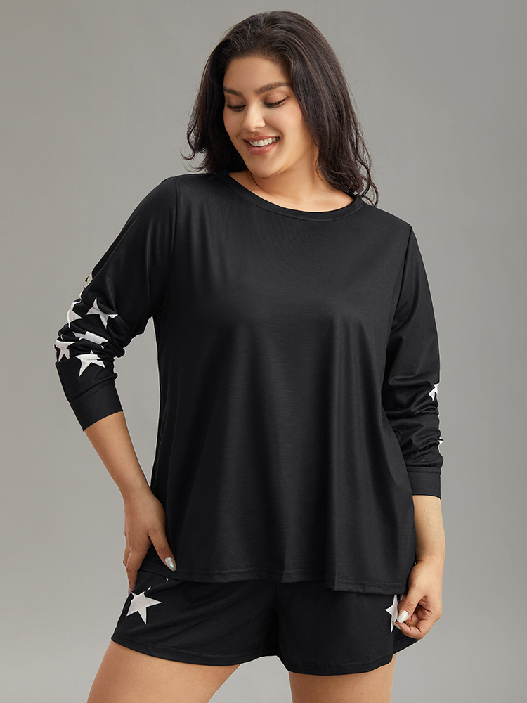 

Plus Size Star Print Long Sleeve Basic Sleep Top Black Moon and Star Long Sleeve Round Neck Dailywear Casual  Bloomchic