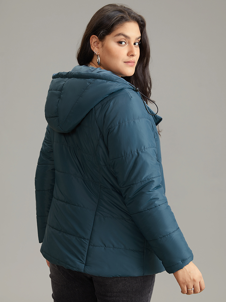 

Plus Size Plain Drawstring Padded Zipper Pocket Hooded Jacket Women Blue Lined Pocket Dailywear Jackets BloomChic