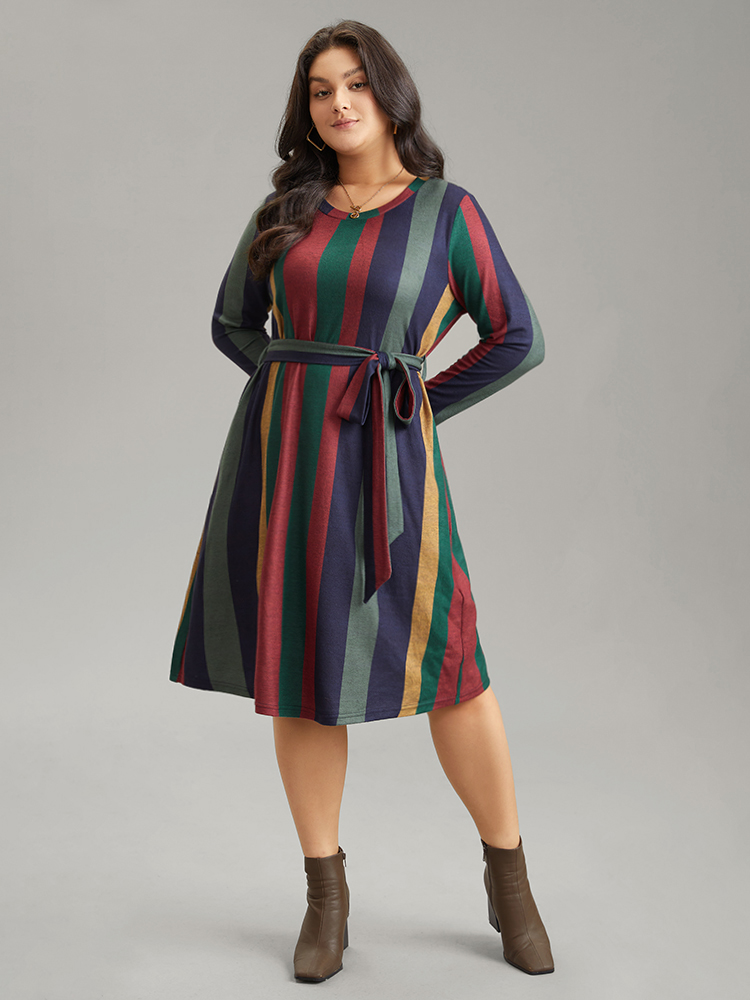 

Plus Size Colored Striped Pocket Belted Long Sleeve Dress Multicolor Women Casual Belted Round Neck Long Sleeve Curvy Midi Dress BloomChic