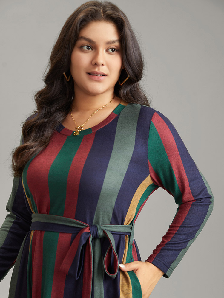 

Plus Size Colored Striped Pocket Belted Long Sleeve Dress Multicolor Women Casual Belted Round Neck Long Sleeve Curvy Midi Dress BloomChic