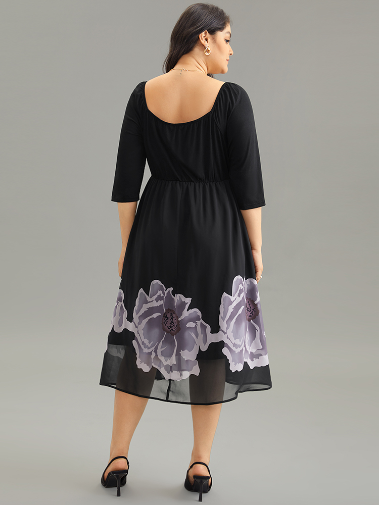 Plus Size Boho Print Mesh Gathered Square Neck Dress Black Women Elegant Gathered Square Neck Elbow-length sleeve Curvy Midi Dress BloomChic 26/4X 
