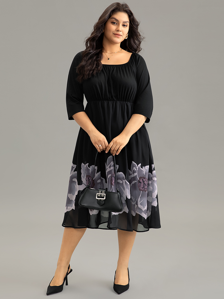 Plus Size Boho Print Mesh Gathered Square Neck Dress Black Women Elegant Gathered Square Neck Elbow-length sleeve Curvy Midi Dress BloomChic 26/4X 