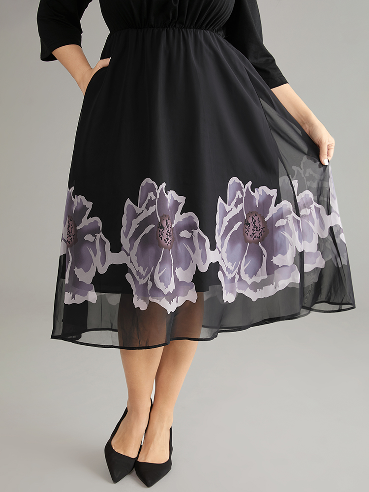 Plus Size Boho Print Mesh Gathered Square Neck Dress Black Women Elegant Gathered Square Neck Elbow-length sleeve Curvy Midi Dress BloomChic 26/4X 