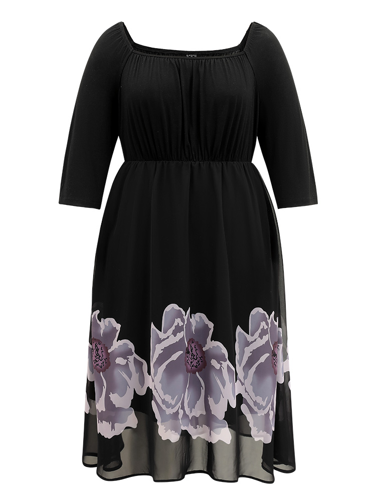 Plus Size Boho Print Mesh Gathered Square Neck Dress Black Women Elegant Gathered Square Neck Elbow-length sleeve Curvy Midi Dress BloomChic 26/4X 