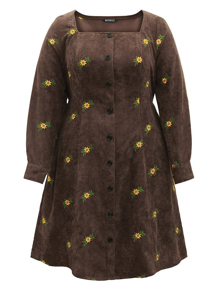 

Plus Size Ditsy Floral Embroidered Corduroy Square Neck Dress DarkBrown Women Elastic cuffs Square Neck Long Sleeve Curvy Midi Dress BloomChic
