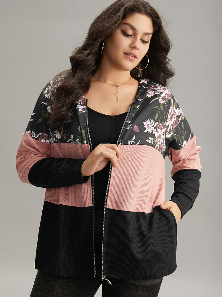 Plus Size Women Dailywear Floral Texture Regular Regular Sleeve Long Sleeve Hooded Pocket Casual Sweatshirts BloomChic 