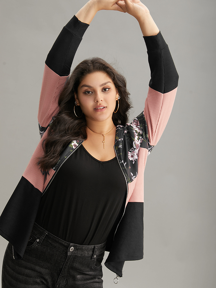 Plus Size Women Dailywear Floral Texture Regular Regular Sleeve Long Sleeve Hooded Pocket Casual Sweatshirts BloomChic 