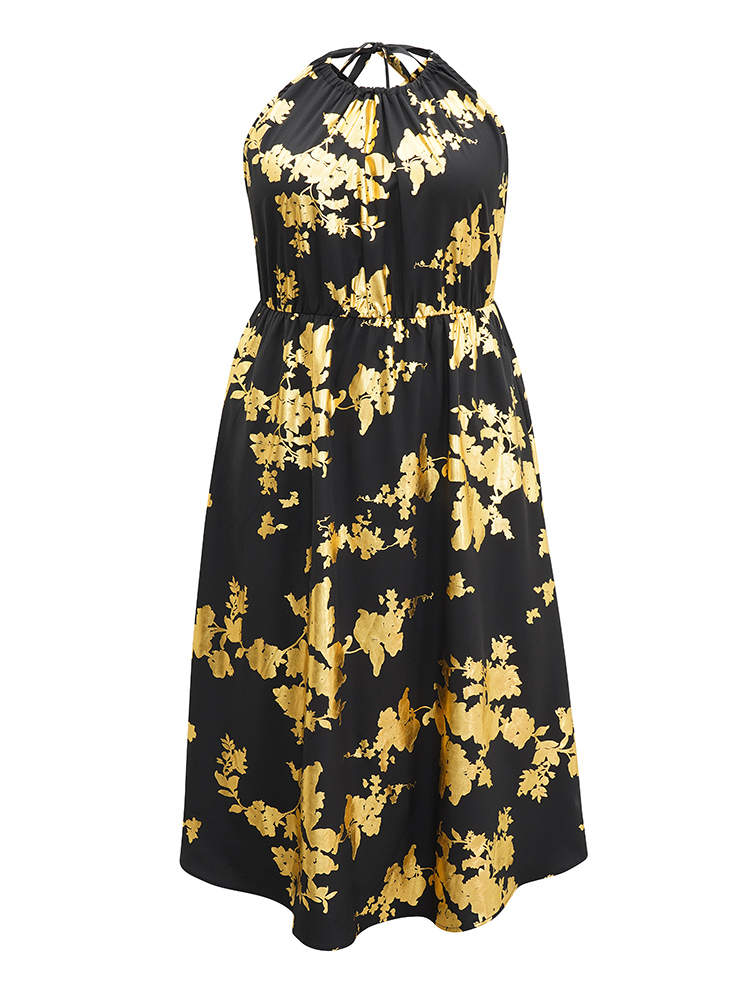Plus Size Glitter Pocket Halter Keyhole Midi Dress Black Women Glamour Printed Round Neck Sleeveless Curvy Midi Dress BloomChic 10/M 