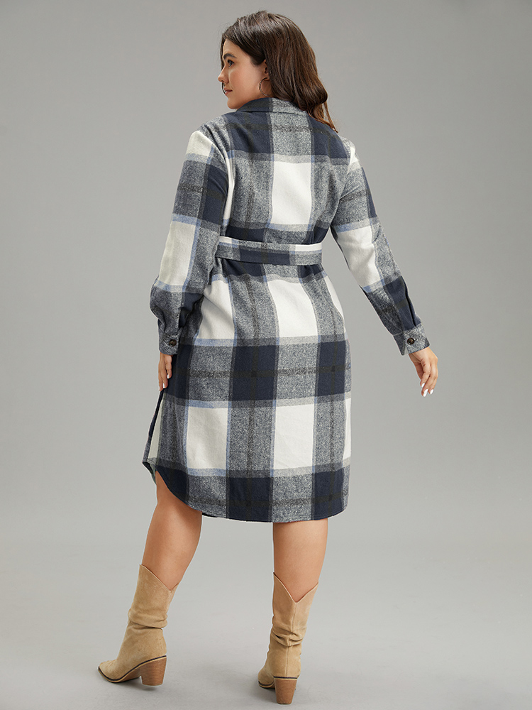 Plus Size Plaid Shirt Collar Button Through Belted Dress DarkBlue Women Casual Belted Shirt collar Long Sleeve Curvy Midi Dress BloomChic 26/4X 