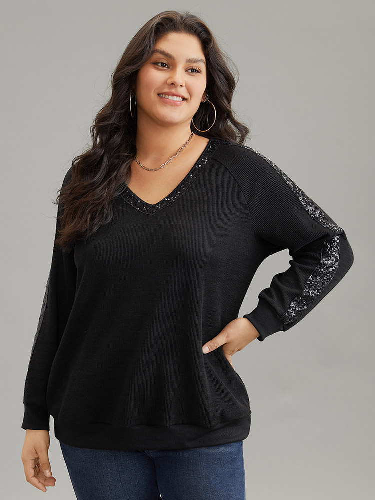 

Plus Size Sequin Patchwork Raglan Sleeve Plisse Sweatshirt Women Black Casual Rib Knit V-neck Dailywear Sweatshirts BloomChic