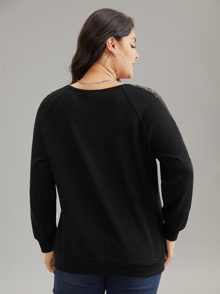 Plus Size Sequin Patchwork Raglan Sleeve Plisse Sweatshirt Women Black Casual Rib Knit V-neck Dailywear Sweatshirts BloomChic 28/5X 