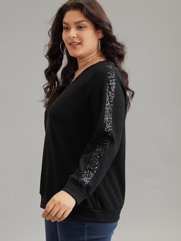 Plus Size Sequin Patchwork Raglan Sleeve Plisse Sweatshirt Women Black Casual Rib Knit V-neck Dailywear Sweatshirts BloomChic 28/5X 