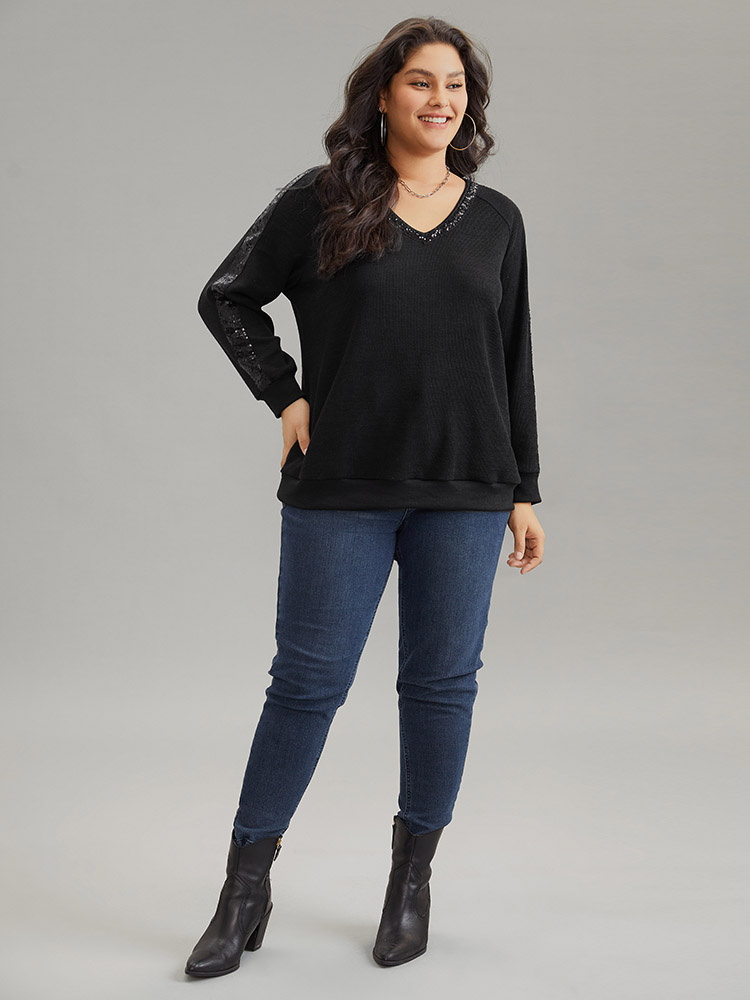 Plus Size Sequin Patchwork Raglan Sleeve Plisse Sweatshirt Women Black Casual Rib Knit V-neck Dailywear Sweatshirts BloomChic 28/5X 