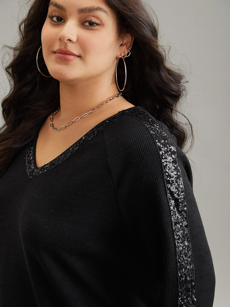 Plus Size Sequin Patchwork Raglan Sleeve Plisse Sweatshirt Women Black Casual Rib Knit V-neck Dailywear Sweatshirts BloomChic 28/5X 