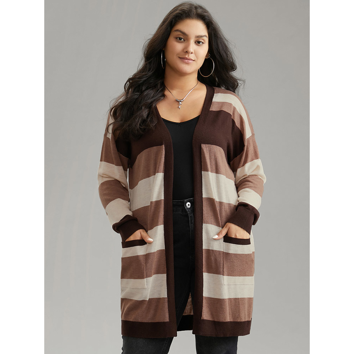 

Plus Size Supersoft Essentials Colorblock Contrast Pocket Cardigan DarkBrown Women Casual Loose Long Sleeve Dailywear Cardigans BloomChic