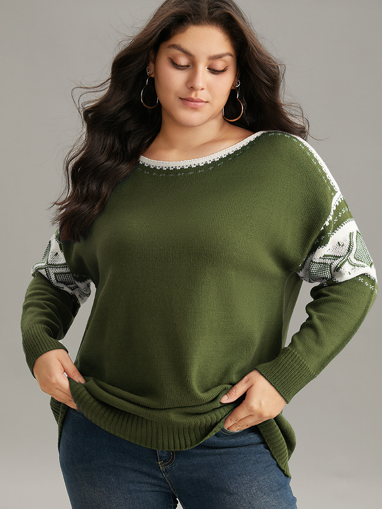 

Plus Size Bandana Print Boat Neck Drop Shoulder Pullover ArmyGreen Women Casual Loose Long Sleeve Boat Neck Everyday Pullovers BloomChic