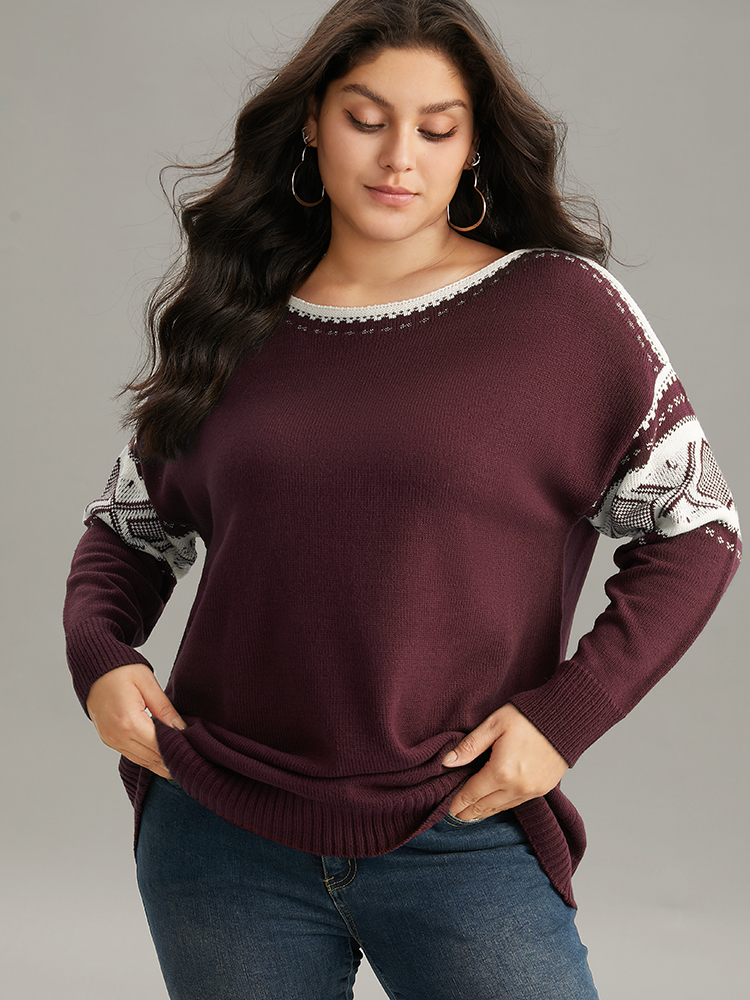 

Plus Size Bandana Print Boat Neck Drop Shoulder Pullover Burgundy Women Casual Loose Long Sleeve Boat Neck Everyday Pullovers BloomChic