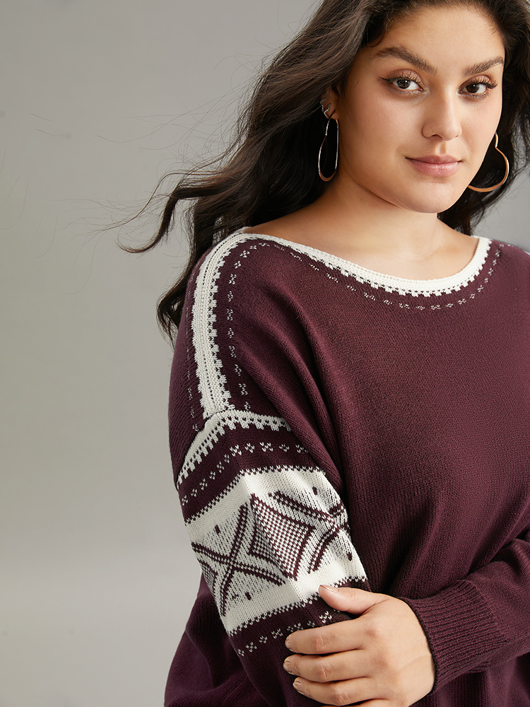 

Plus Size Bandana Print Boat Neck Drop Shoulder Pullover Burgundy Women Casual Loose Long Sleeve Boat Neck Everyday Pullovers BloomChic