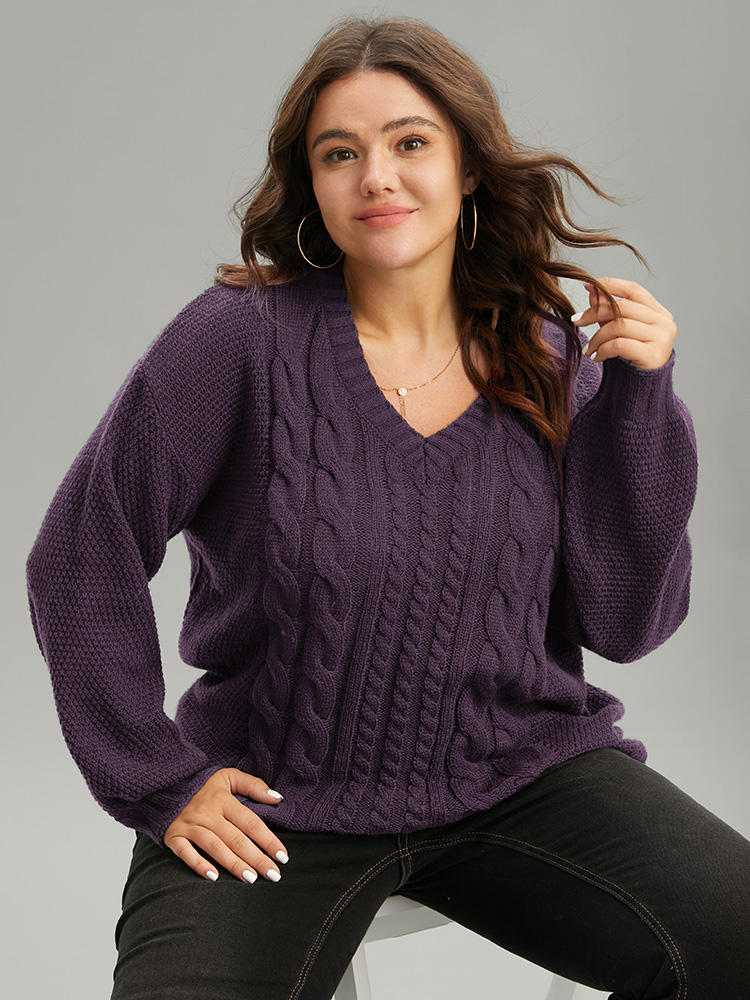 

Plus Size Solid Cable Knit V Neck Elastic Cuffs Pullover Eggplant Women Casual Loose Long Sleeve V-neck Everyday Pullovers BloomChic