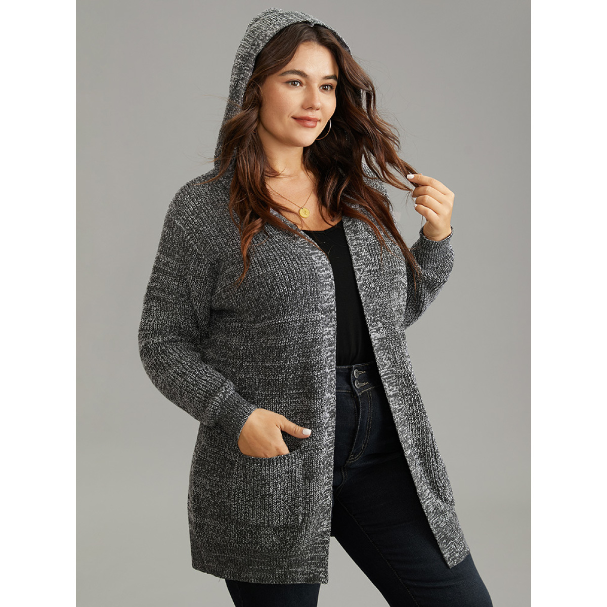 

Plus Size Heather Hooded Patched Pocket Open Front Tunic Cardigan Gray Women Casual Loose Long Sleeve Dailywear Cardigans BloomChic