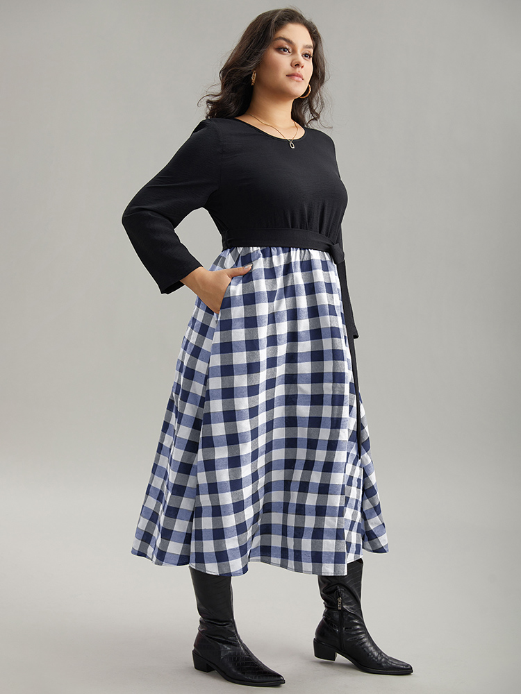 Plus Size Plaid Patchwork Contrast Round Neck Belted Dress White Women Casual Belted Round Neck Long Sleeve Curvy Midi Dress BloomChic 26/4X 