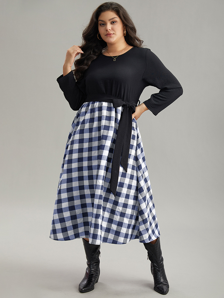 

Plus Size Plaid Patchwork Contrast Round Neck Belted Dress White Women Casual Belted Round Neck Long Sleeve Curvy Midi Dress BloomChic