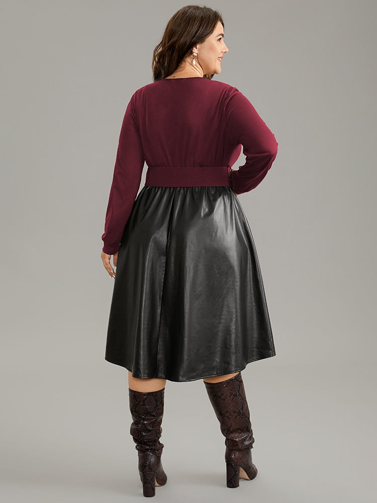 Plus Size PU Patchwork V Neck Dress With Belt Burgundy Women Office Plain V-neck Long Sleeve Curvy Knee Dress BloomChic 30/6X 