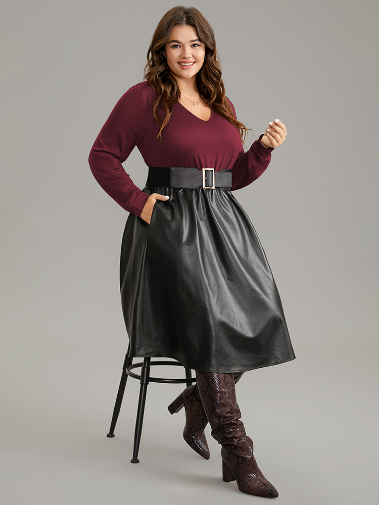 Plus Size PU Patchwork V Neck Dress With Belt Burgundy Women Office Plain V-neck Long Sleeve Curvy Knee Dress BloomChic 30/6X 