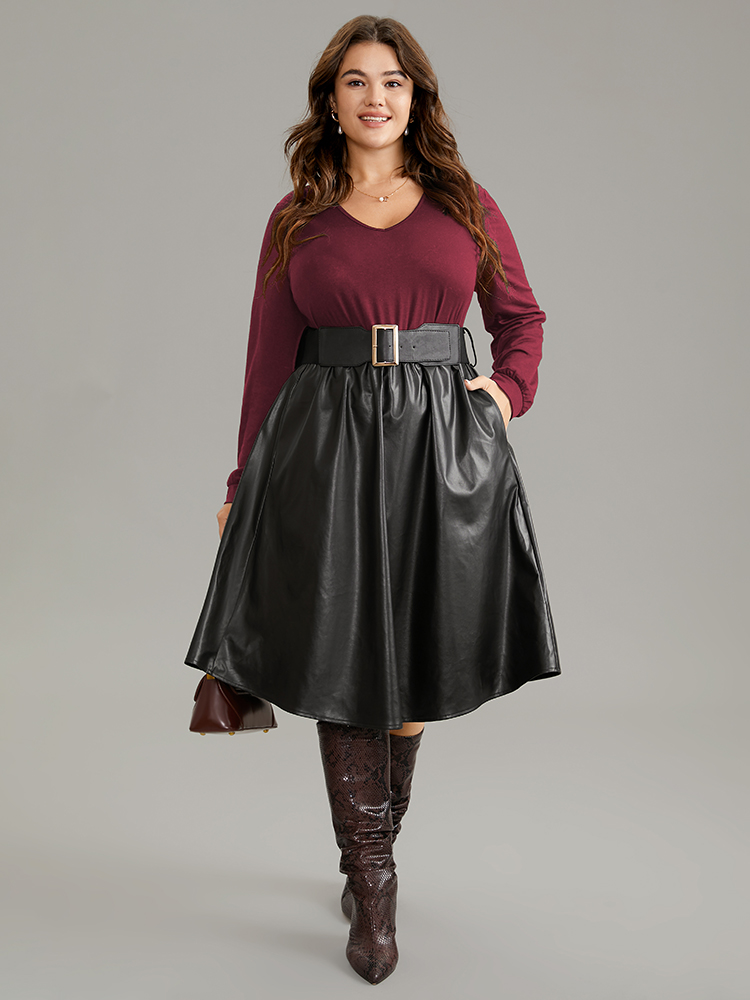 Plus Size PU Patchwork V Neck Dress With Belt Burgundy Women Office Plain V-neck Long Sleeve Curvy Knee Dress BloomChic 30/6X 