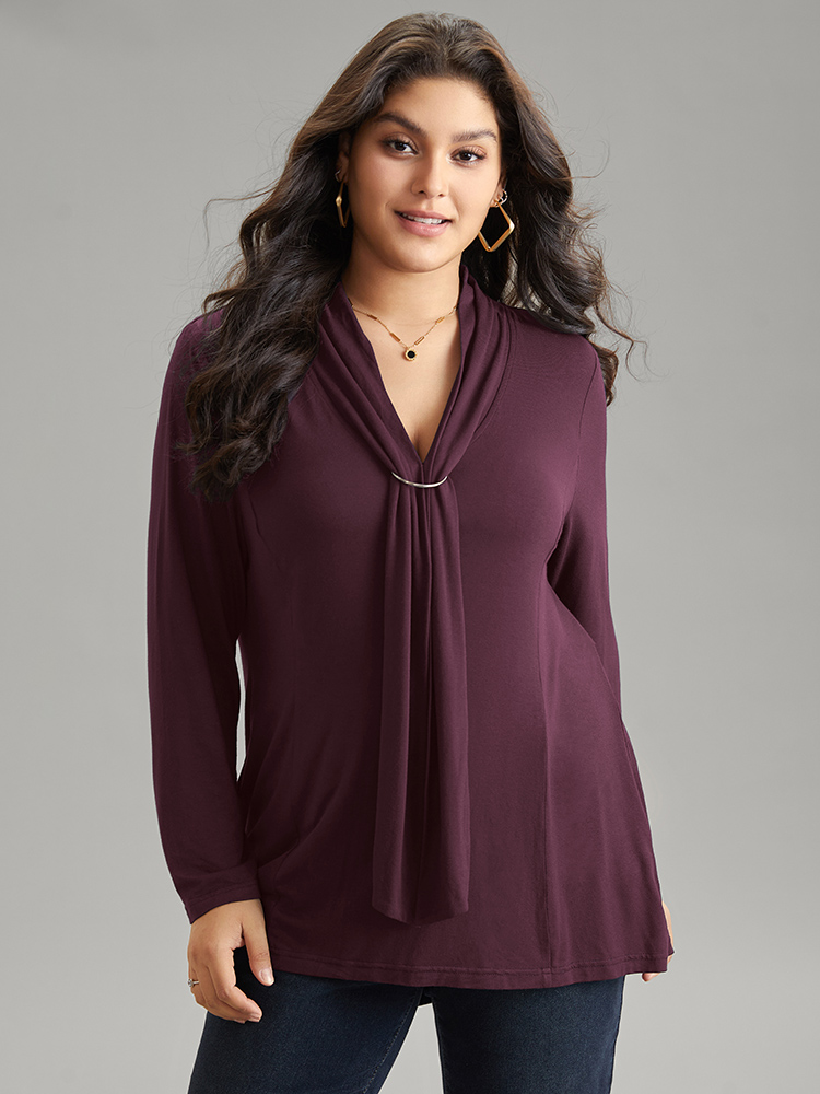 

Plus Size Supersoft Essentials Plain Metal Buckle Detail T-shirt Eggplant V-neck Long Sleeve At the Office Jersey Tops