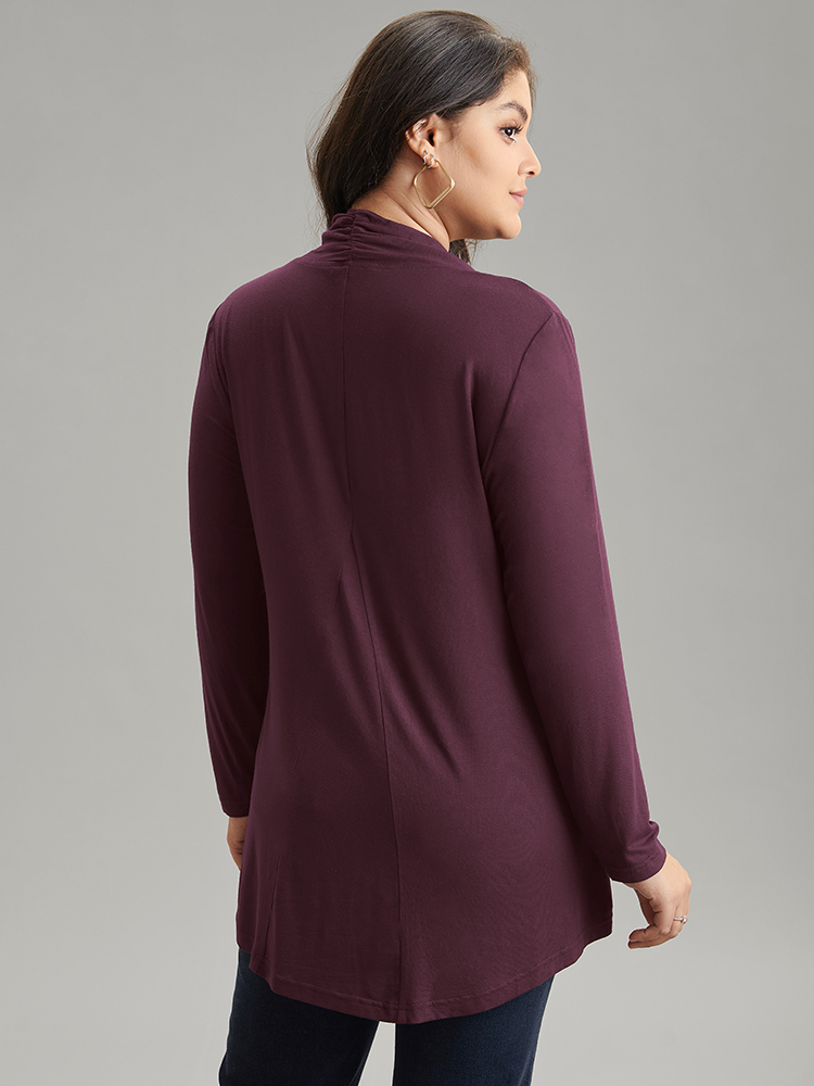 

Plus Size Supersoft Essentials Plain Metal Buckle Detail T-shirt Eggplant V-neck Long Sleeve At the Office Jersey Tops