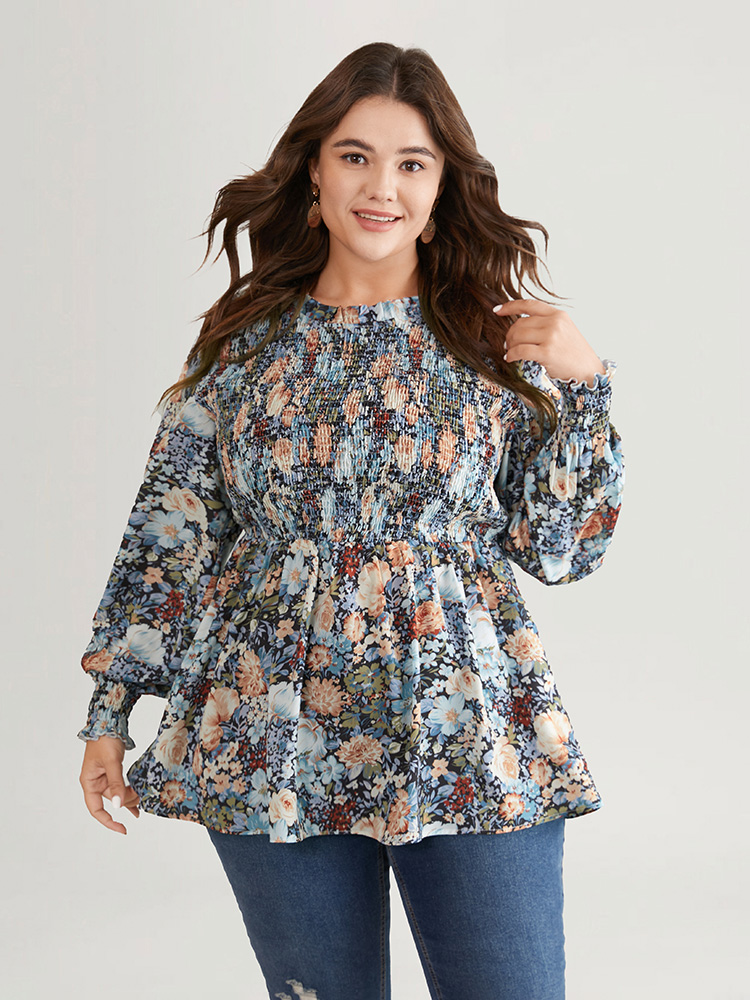 

Plus Size Stone Floral Shirred Frill Trim Stand Collar Blouse Women Elegant Long Sleeve Stand-up collar Dailywear Blouses BloomChic