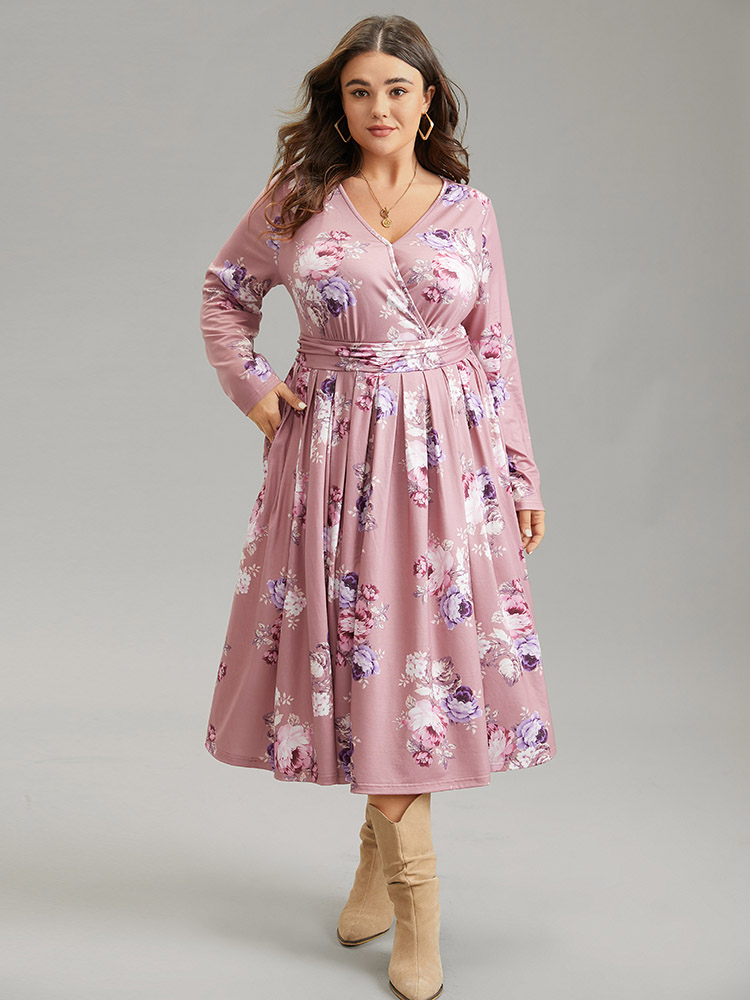 

Plus Size Floral Wrap Pleated Elastic Waist Ruched Dress DustyPink Women Casual Wrap Overlap Collar Long Sleeve Curvy Midi Dress BloomChic