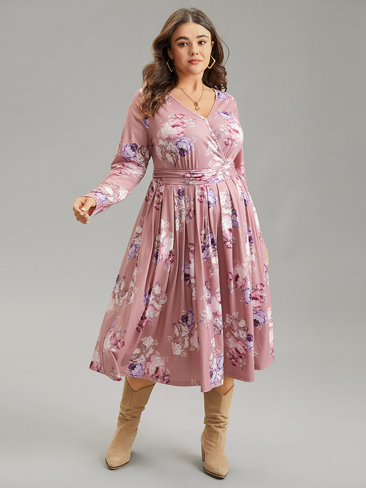 

Plus Size Floral Wrap Pleated Elastic Waist Ruched Dress DustyPink Women Casual Wrap Overlap Collar Long Sleeve Curvy Midi Dress BloomChic