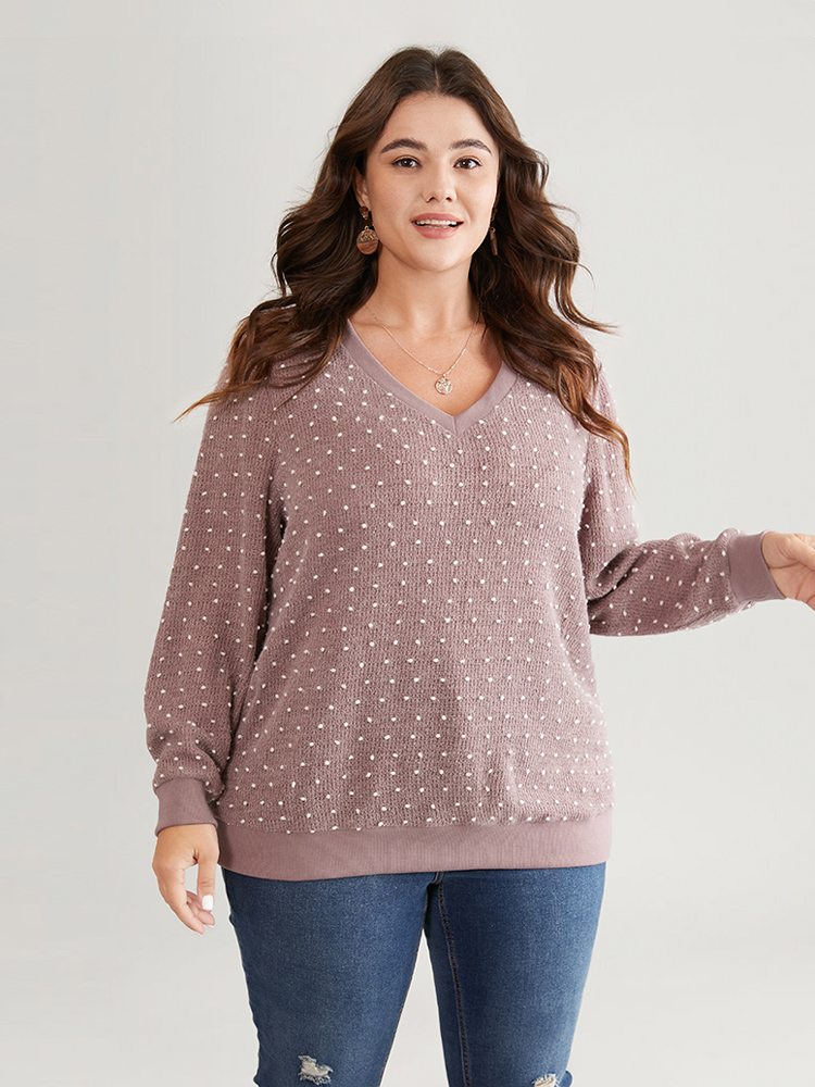 

Plus Size Polka Dot Textured V Neck Rib Knit Sweatshirt Women Mauve Casual Rib Knit V-neck Dailywear Sweatshirts BloomChic