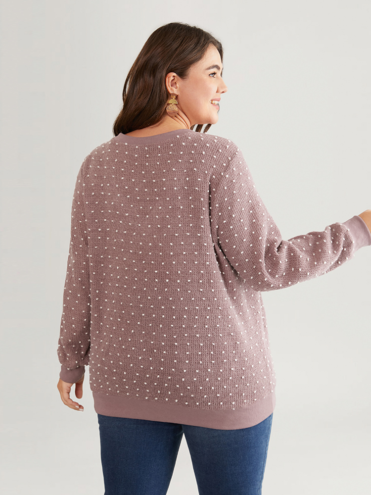 

Plus Size Polka Dot Textured V Neck Rib Knit Sweatshirt Women Mauve Casual Rib Knit V-neck Dailywear Sweatshirts BloomChic