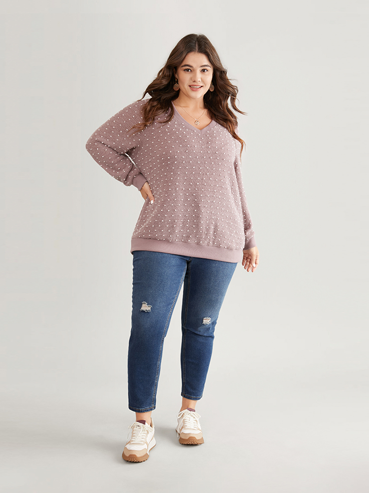 Plus Size Polka Dot Textured V Neck Rib Knit Sweatshirt Women Mauve Casual Rib Knit V-neck Dailywear Sweatshirts BloomChic 22-24/3X 