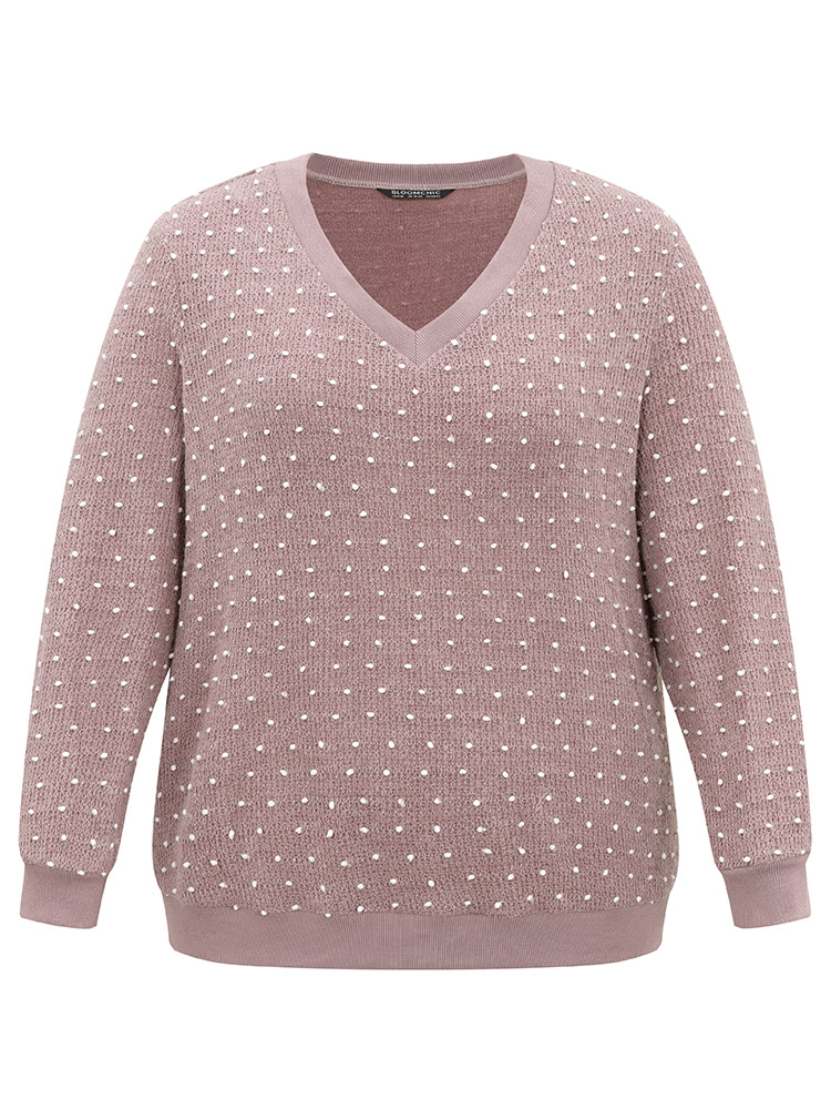 Plus Size Polka Dot Textured V Neck Rib Knit Sweatshirt Women Mauve Casual Rib Knit V-neck Dailywear Sweatshirts BloomChic 22-24/3X 