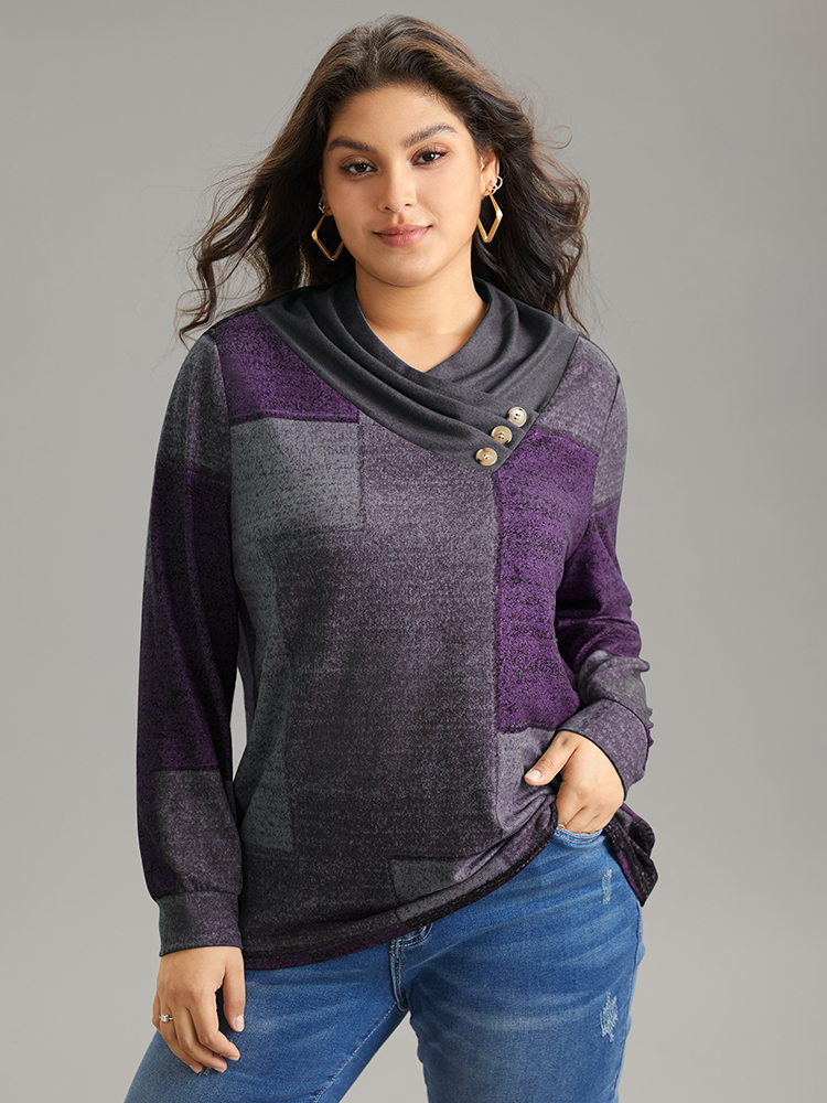 

Plus Size Asymmetrical Colorblock Button Detail Pleated T-shirt Purple V-neck Long Sleeve Casual Jersey Tops