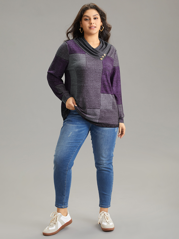 

Plus Size Asymmetrical Colorblock Button Detail Pleated T-shirt Purple V-neck Long Sleeve Casual Jersey Tops