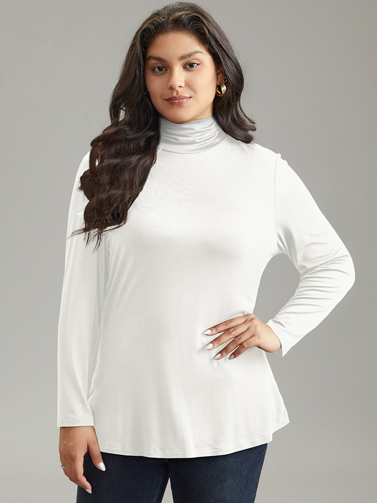 

Plus Size Supersoft Essentials Solid Funnel Neck Knit T-shirt White Women Elegant Plain Plain Turtleneck Bodycon Dailywear T-shirts BloomChic