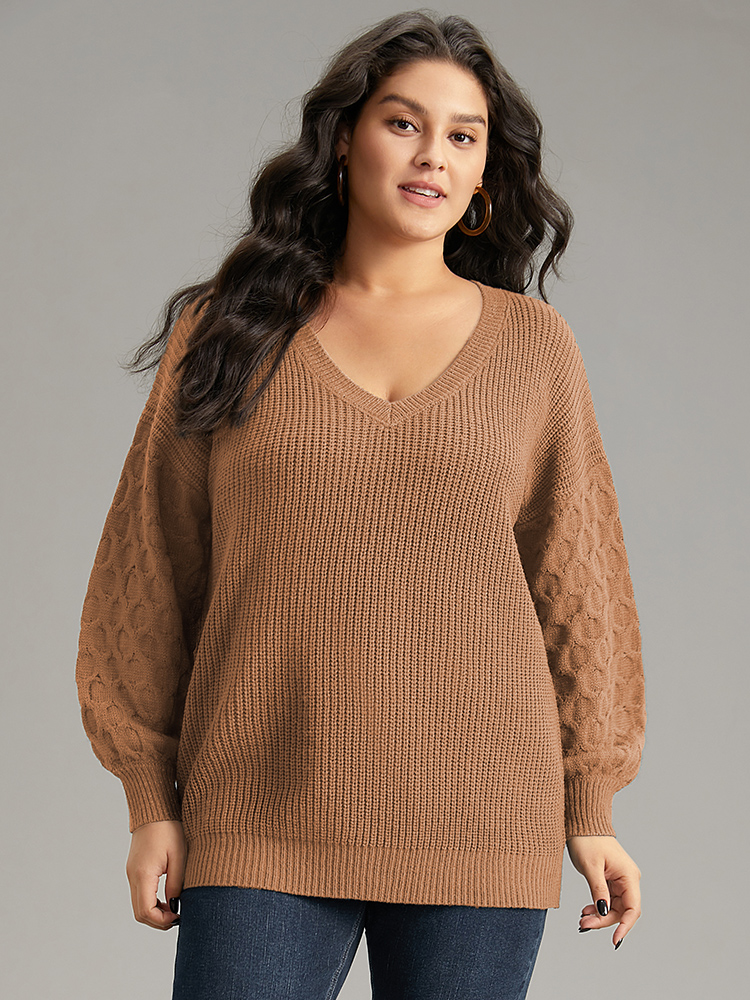 

Plus Size Solid Cable Knit V Neck Drop Shoulder Pullover Chocolate Women Casual Long Sleeve V-neck Everyday Pullovers BloomChic