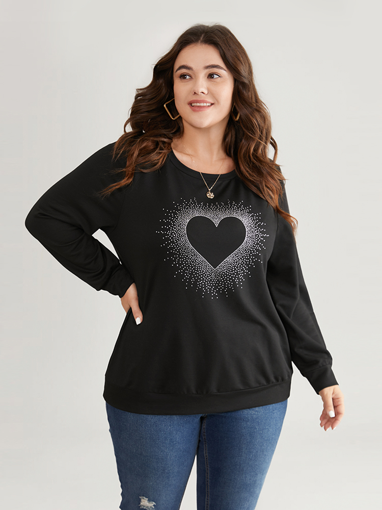 

Plus Size Heart Rhinestone Round Neck Sweatshirt Women Black Casual Rhinestone detailing Dailywear Sweatshirts BloomChic