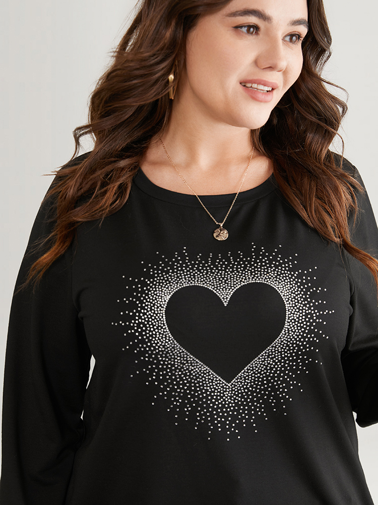 

Plus Size Heart Rhinestone Round Neck Sweatshirt Women Black Casual Rhinestone detailing Dailywear Sweatshirts BloomChic