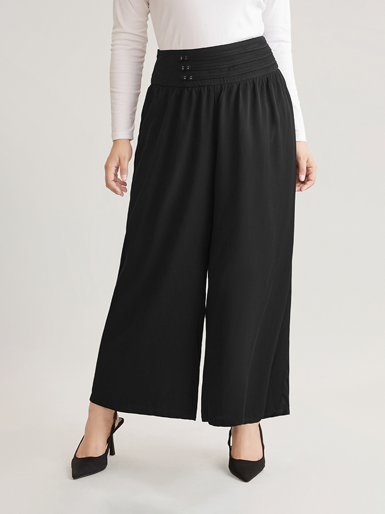 

Plus Size Solid Elastic Waist Button Detail Wide Leg Pants Women Black Casual Wide Leg High Rise Dailywear Pants BloomChic